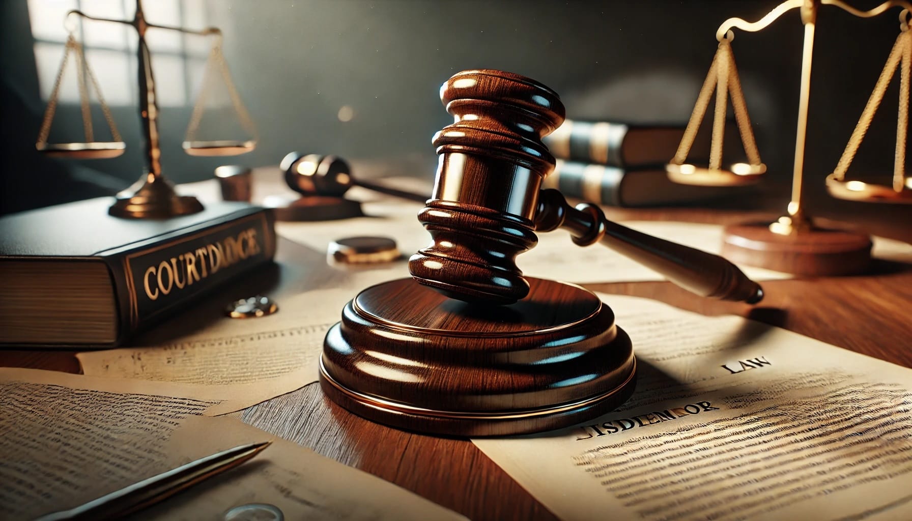 legal documents spread around, in soft, dramatic courtroom lighting, representing misdemeanor law
