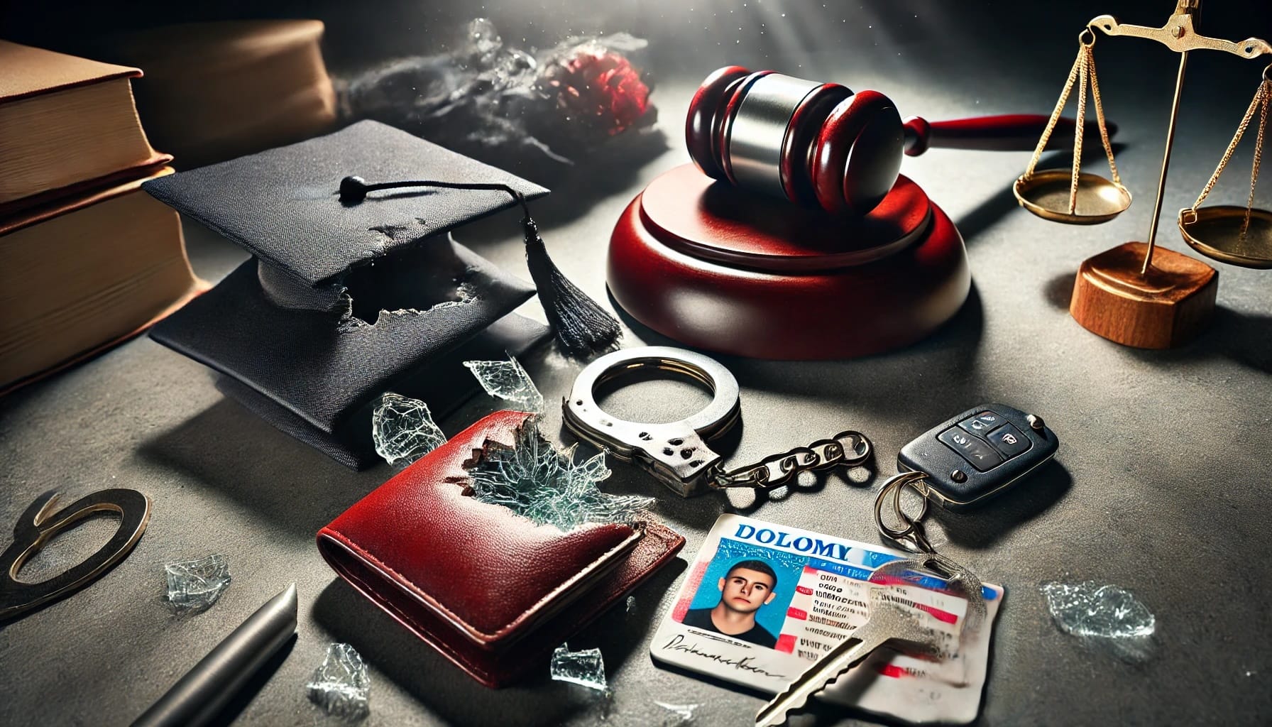 a gavel, legal documents, and a pair of handcuffs under dramatic courtroom lighting