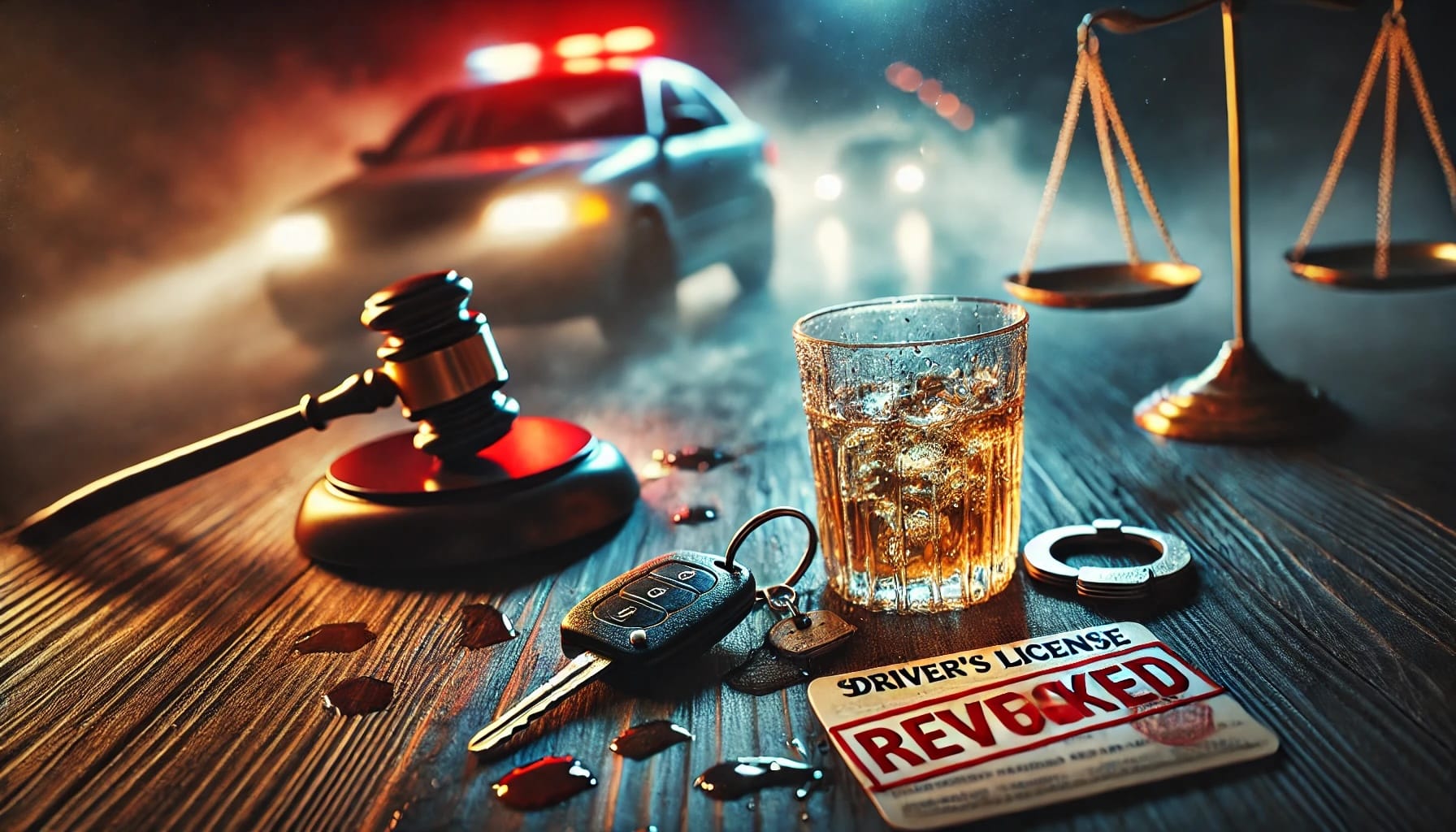 A set of car keys on a wooden table next to an overturned glass with spilled alcohol, symbolizing DUI/DWI. A revoked driver’s license, gavel, and handcuffs represent the legal consequences. In the background, blurred car taillights fade into the night, emphasizing lost freedom.