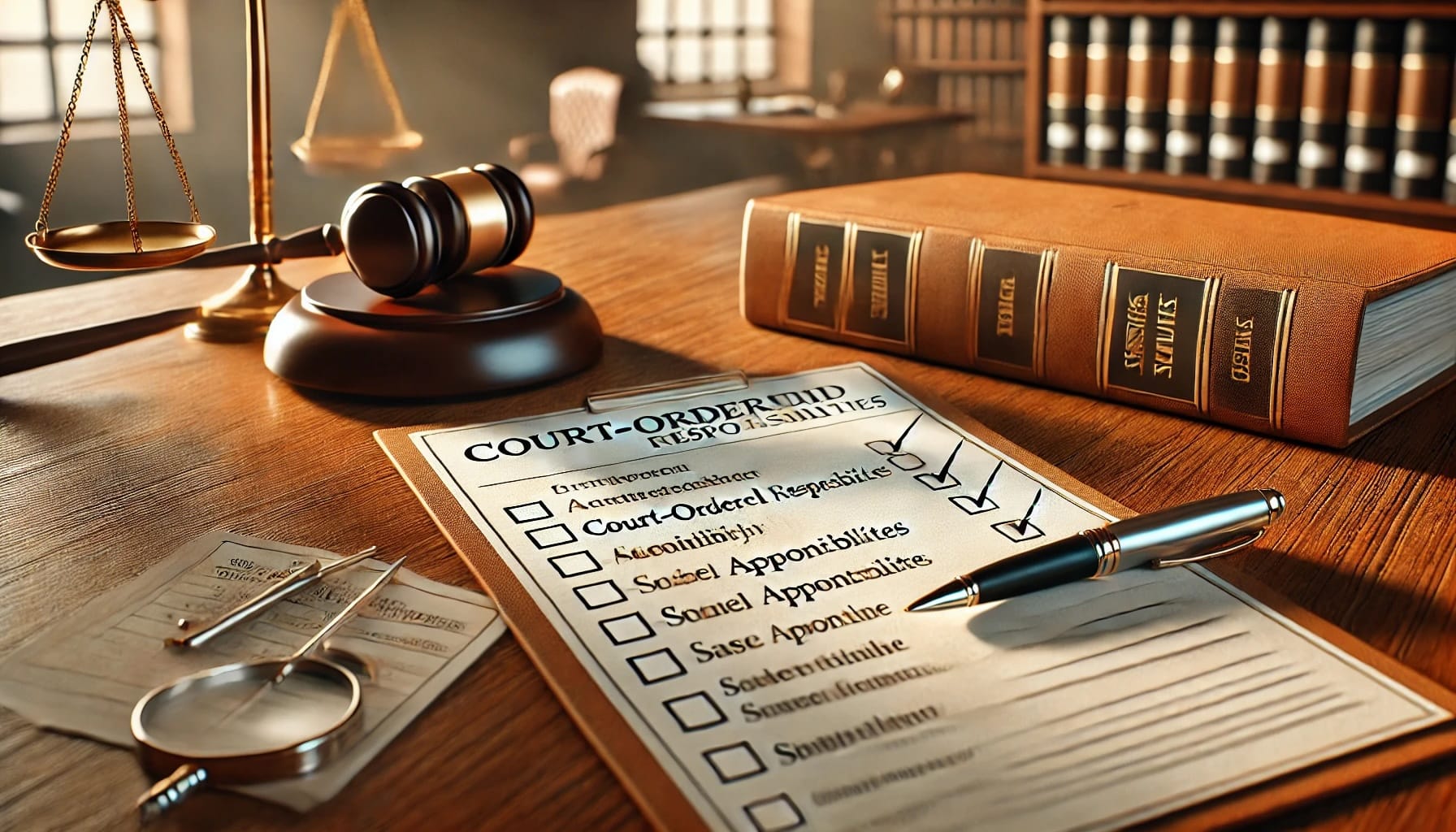 A wooden desk with neatly arranged legal documents, a checklist labeled 'Court-Ordered Responsibilities,' and a scheduled appointment notice. A pen rests on the checklist, symbolizing the need for compliance. A gavel and case files are nearby, representing legal oversight. In the background, a blurred courthouse setting suggests the formal nature of legal obligations.